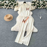Leisure Short Sleeved Knitted Cardigan & High Waist Wide Leg Pants