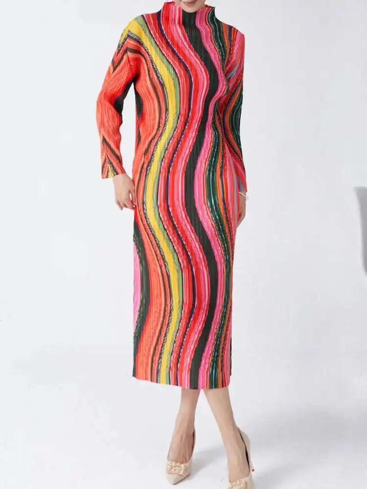 CurveKind™ Striped High-Neck Pleated Midi Dress by Crystal Crystina, alternate view 2