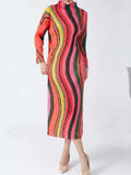 CurveKind™ Striped High-Neck Pleated Midi Dress