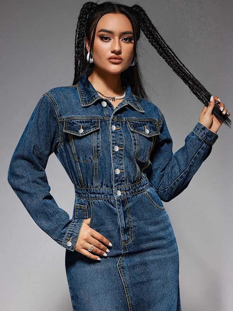 Turn-Down Collar Denim Maxi Dress by Crystal Crystina, alternate view 8