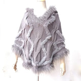 Warm Knitted Poncho With Real Raccoon Fur Stripe