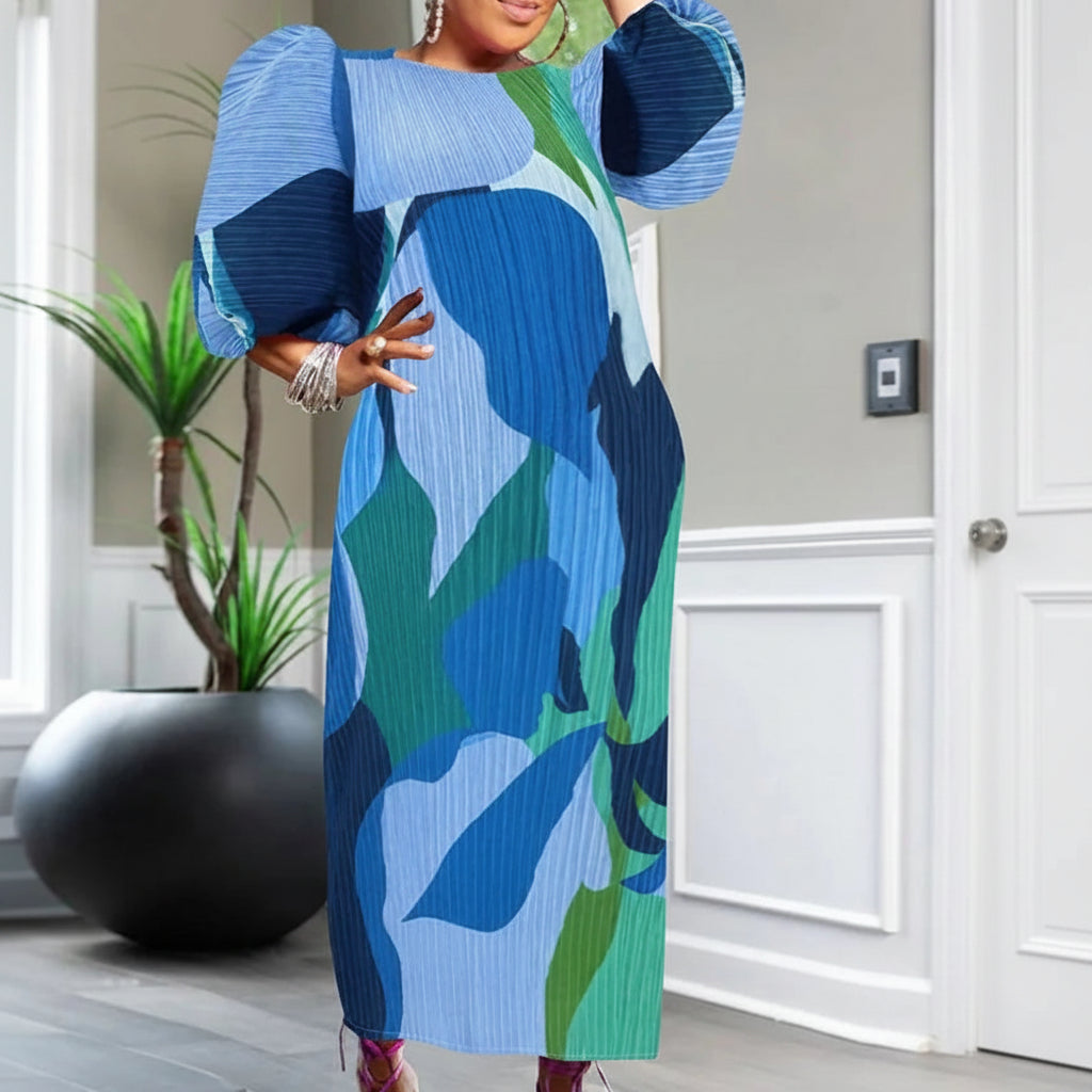 Lantern Sleeve Patchwork Pleated Dress by Crystal Crystina, alternate view 5