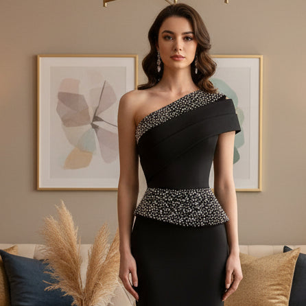 One-Shoulder Sheath Midi Dress by Crystal Crystina, alternate view 2