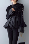 Sleeveless V- Neck Puff Bottom Feathery Detailed Vest