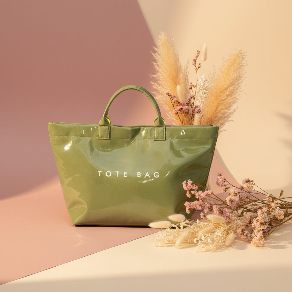 Green tote bag with 'TOTE BAG' text on a white background