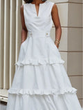 Solid White Flounced Edge Maxi Dress