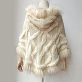 Warm Knitted Poncho With Real Raccoon Fur Stripe