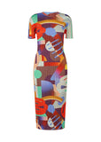 CurveKind ™Miyake Pleated Geometric Pattern Short Sleeve Dress