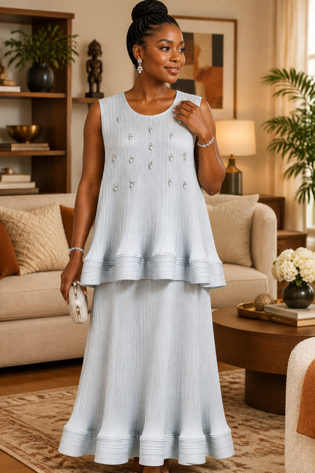 Sleeveless Pleated Ruffle Hem Set