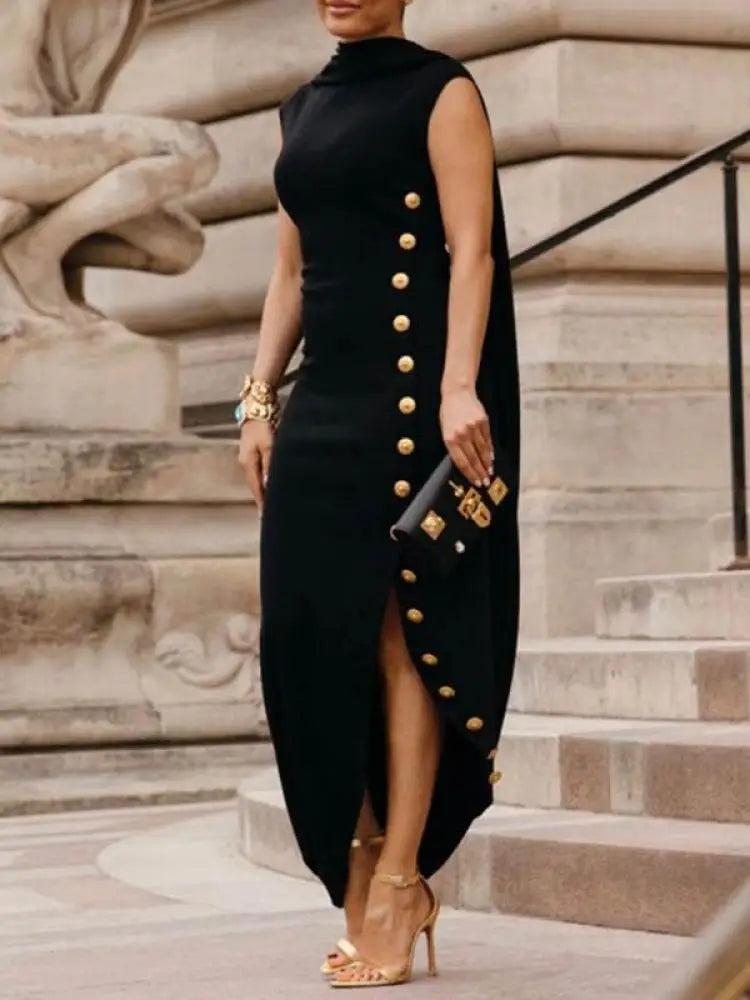 Sleeveless High-Neck Buttoned Split-Side Dress by Crystal Crystina, alternate view 3