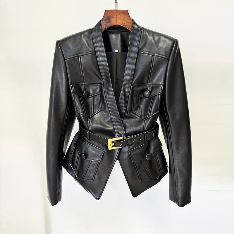Slim Fit Leather Motorcycle Jacket – Multi-Pocket Design by Crystal Crystina, alternate view 6