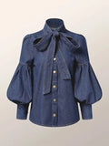 Bow-Embellished Denim Blouse Top