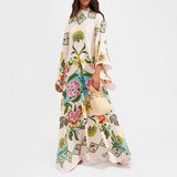 Chic Stand Collar Printed Long Sleeve High Waist Dress