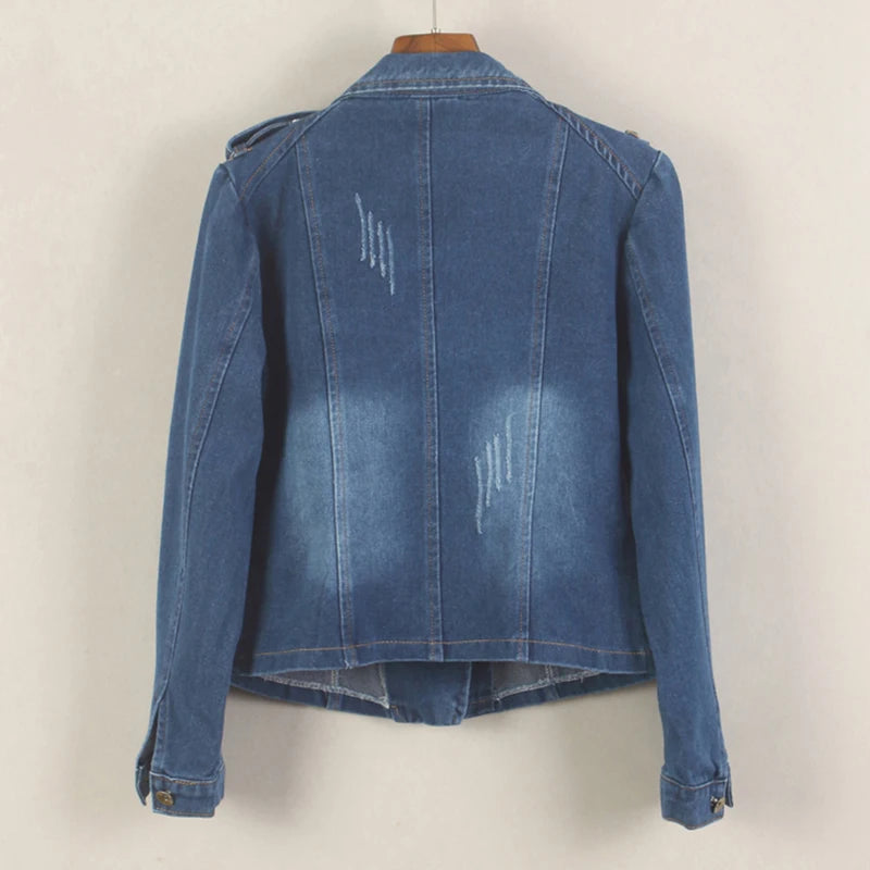 Denim Long Sleeve Convertible Notched Collar Jacket by Crystal Crystina, alternate view 2