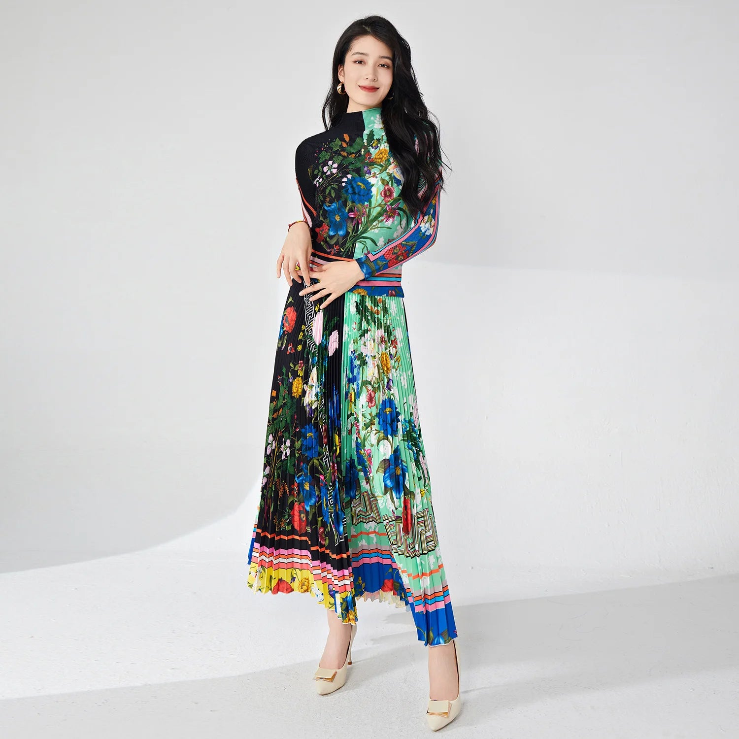 Pleated Midi Skirt Two-Piece Set
