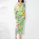 CurveKind ™ Miyake Pleated Print Bat Sleeve V-Neck Dress