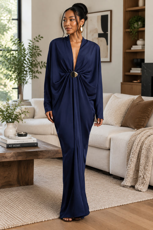 V Neck Gold Metal Ruched Waist Maxi Dress