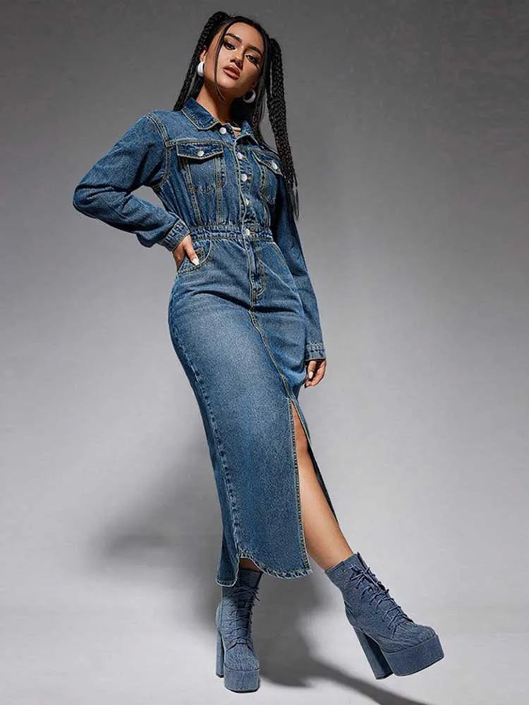 Turn-Down Collar Denim Maxi Dress by Crystal Crystina, alternate view 5