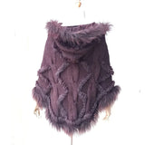 Warm Knitted Poncho With Real Raccoon Fur Stripe