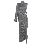 Gray draped dress on a white background