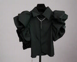 Exaggerated Ruffled Sleeve Black Slim Fit Blouses