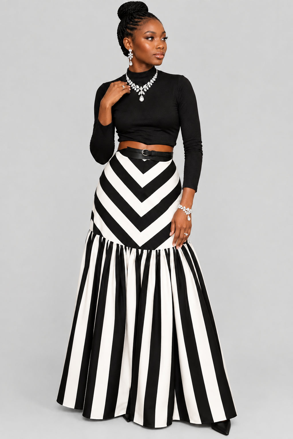 Black & White Tiered Midi Skirt