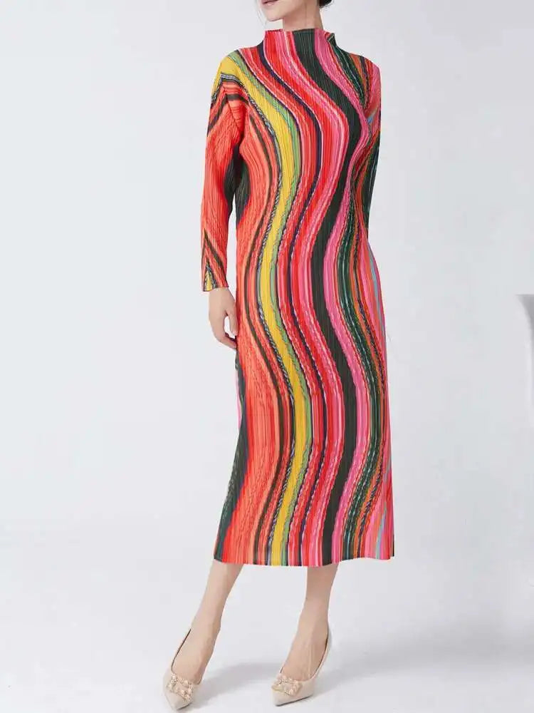 CurveKind™ Striped High-Neck Pleated Midi Dress by Crystal Crystina, primary view