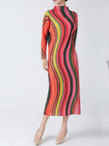 CurveKind™ Striped High-Neck Pleated Midi Dress