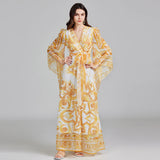 Golden White Porcelain Flower Print Maxi Dress