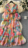 Floral Print Chiffon Dress With Belt Design