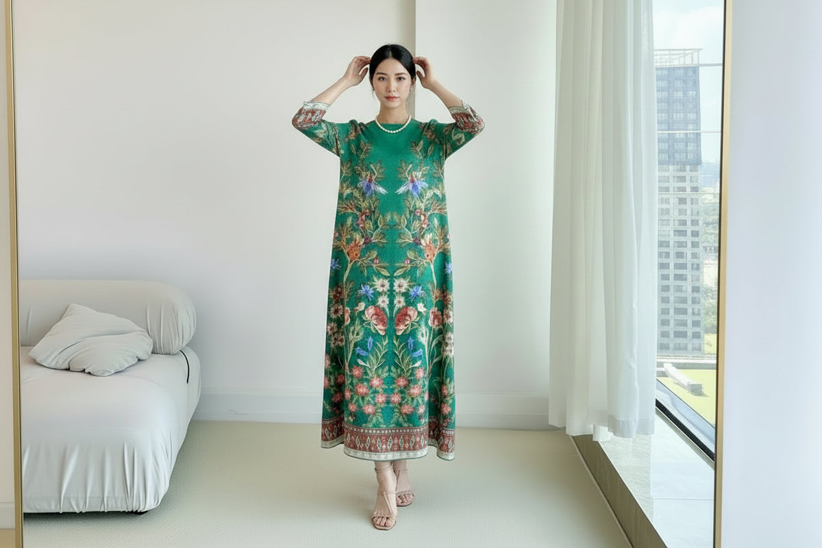 Person wearing a green floral dress in a room with a bed and window.