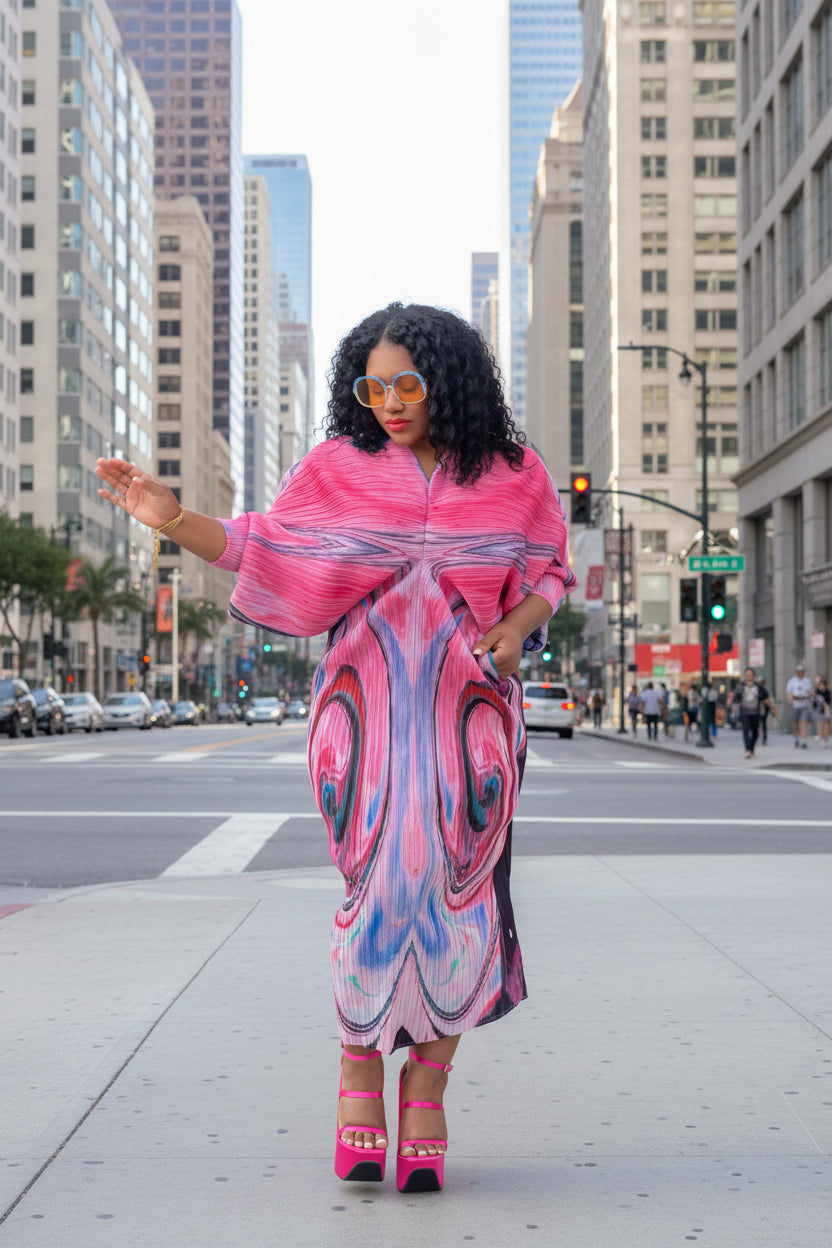Person wearing a vibrant pink and blue patterned dress standing outdoors with greenery in the background.