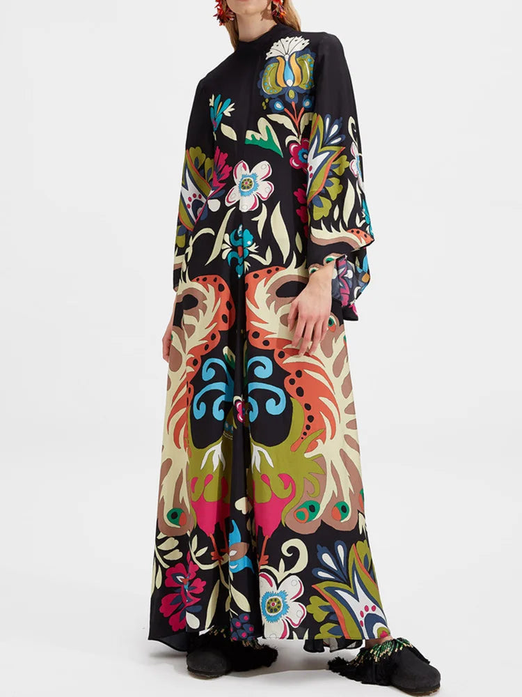 Black Multicolor Botanical Print Maxi Dress by Crystal Crystina, primary view