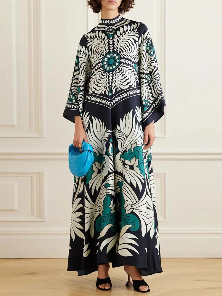Chic Stand Collar Printed Long Sleeve High Waist Dress (Copy)