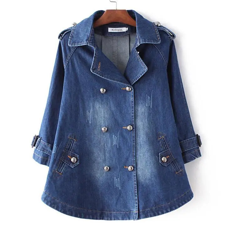 Denim jacket on a hanger against a white background