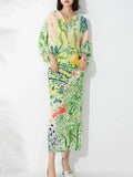CurveKind ™ Miyake Pleated Print Bat Sleeve V-Neck Dress