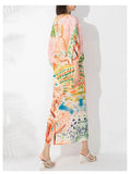 CurveKind ™ Miyake Pleated Print Bat Sleeve V-Neck Dress
