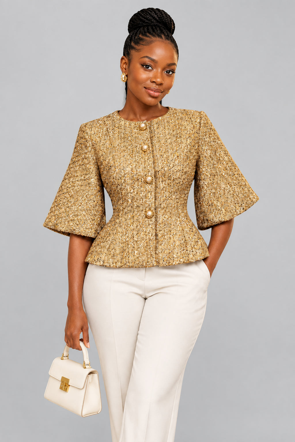 Gold Tweed Puff Sleeve Peplum Jacket
