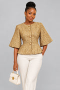 Gold Tweed Puff Sleeve Peplum Jacket