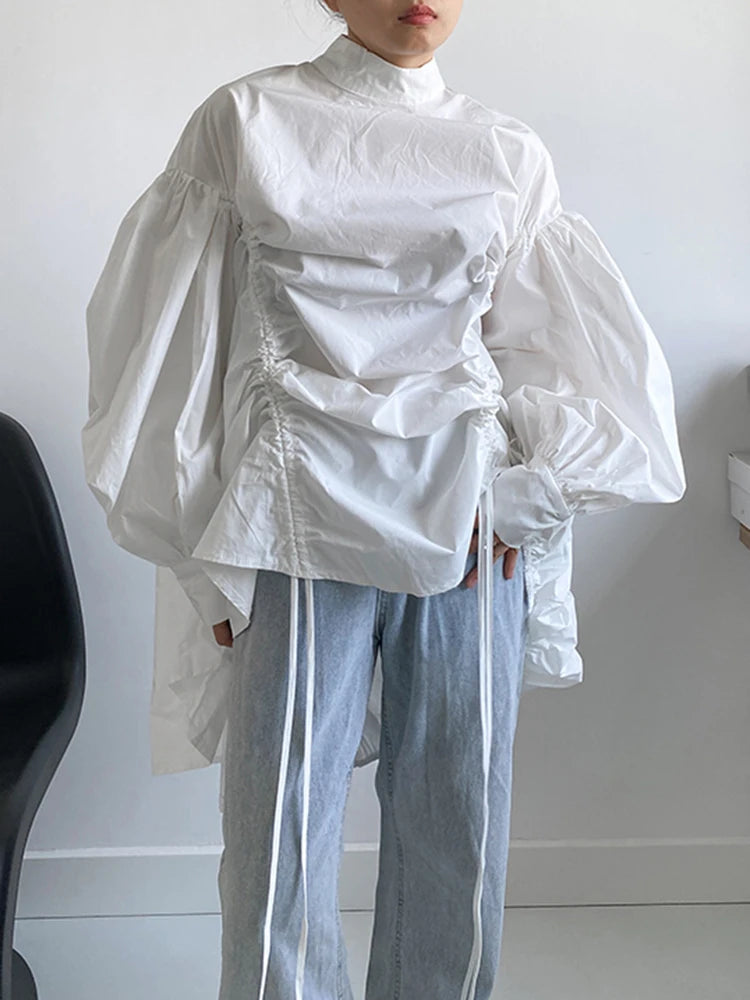 Drawstring Puffed Sleeve White Blouse by Crystal Crystina, alternate view 3