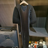 Pleated V-Neck Midi Dress with Mid Sleeves