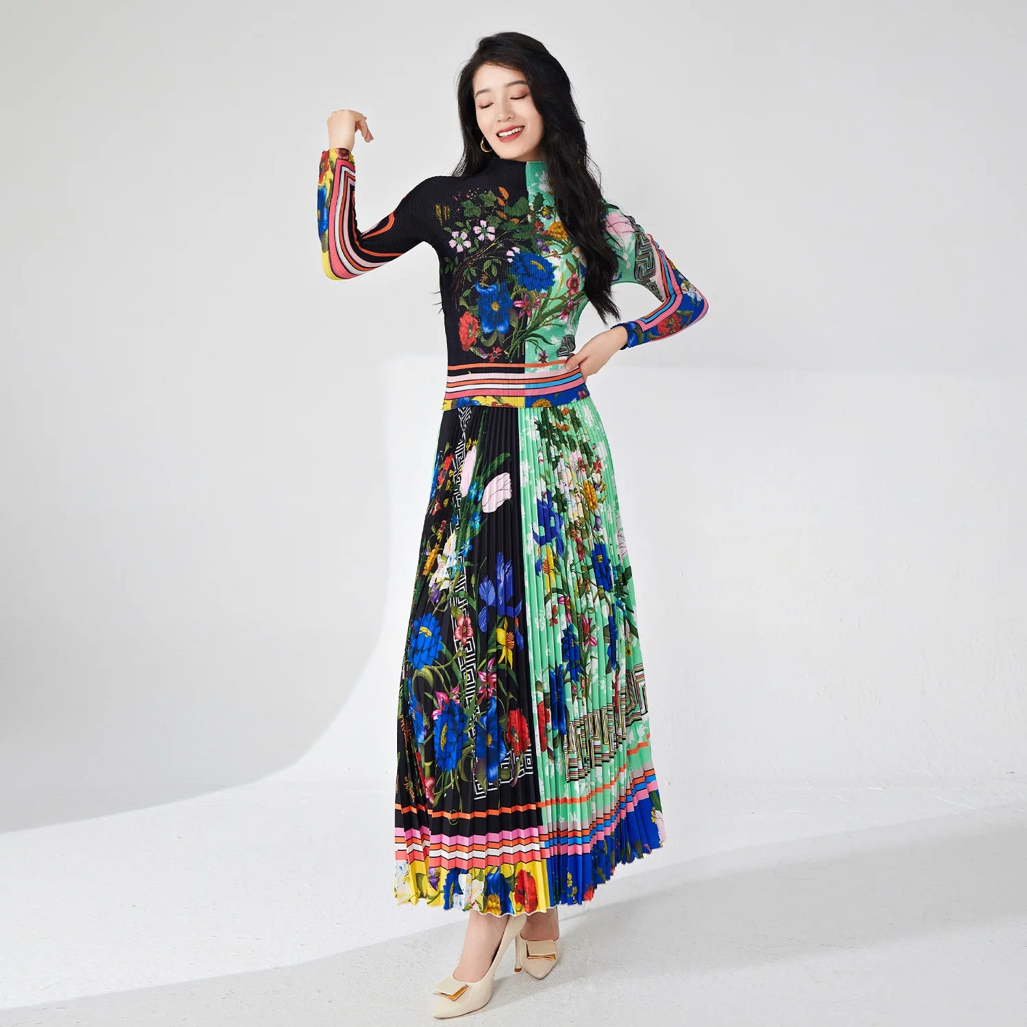 Pleated Midi Skirt Two-Piece Set