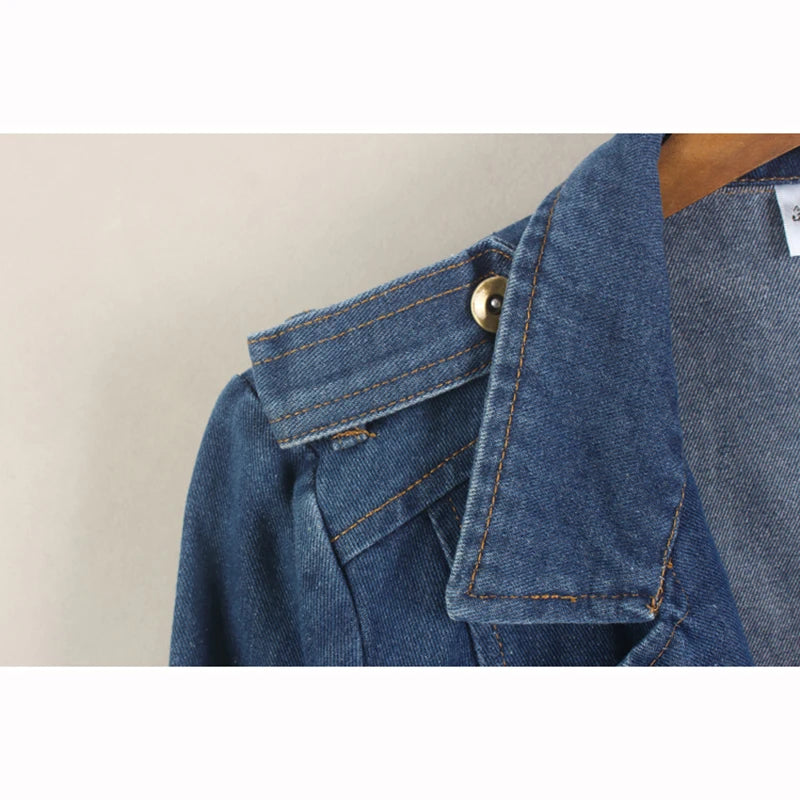 Denim Long Sleeve Convertible Notched Collar Jacket by Crystal Crystina, alternate view 3