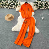 Leisure Short Sleeved Knitted Cardigan & High Waist Wide Leg Pants