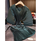 Pleated V-Neck Midi Dress with Mid Sleeves