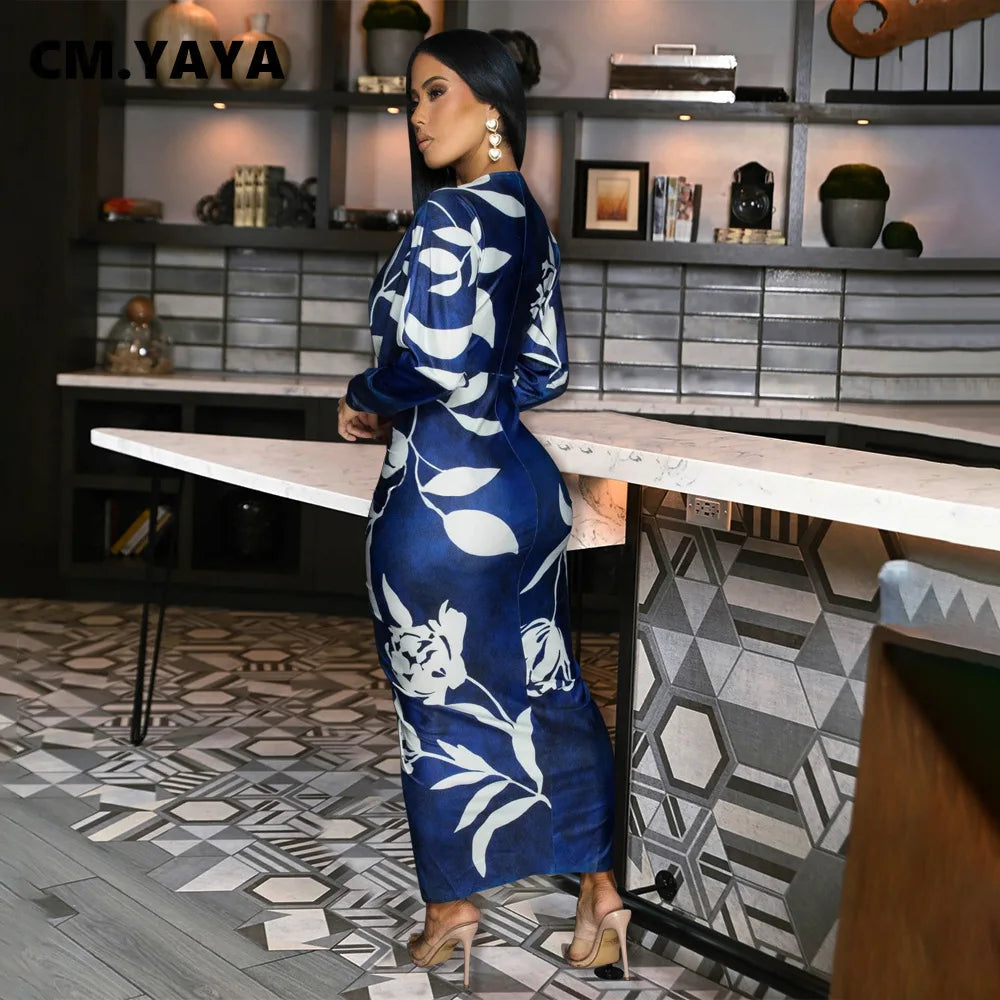 CM.YAYA Women Paisley Geometrical 3D Print Full Sleeve Ruched Deep V-neck Bodycon Midi Maxi Dress 2024 Sexy Club Party Dresses