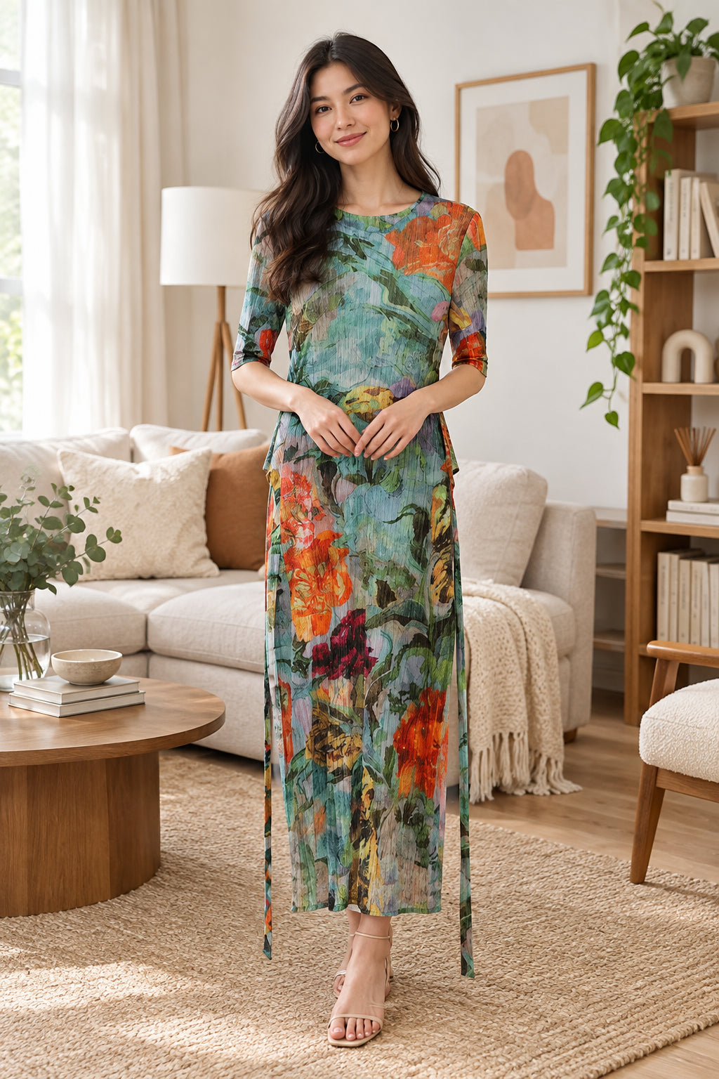 Colorful floral dress hanging on a rack against a white wall with a plant in the corner.