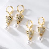 Leopard Gold Dangle Pearl and Gold Stone  Embellished Earrings 