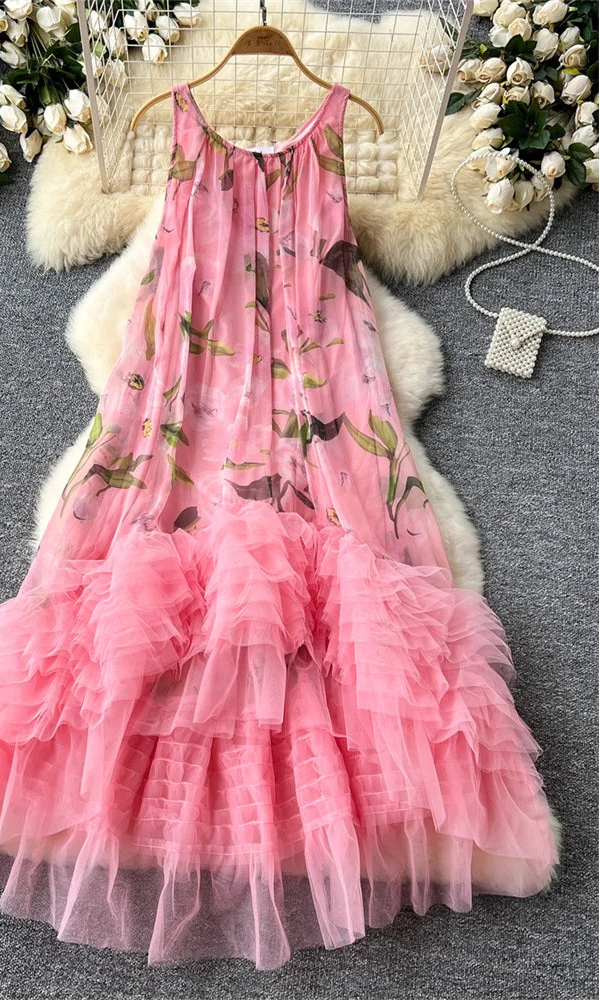 French Vintage Floral Print Dress w/Tulle Embellishment by Crystal Crystina, alternate view 5