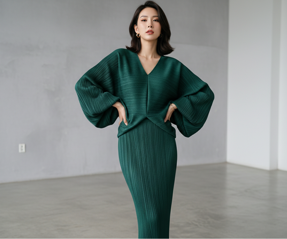 Person wearing a green ribbed dress in a minimal indoor setting with a plant and chair.